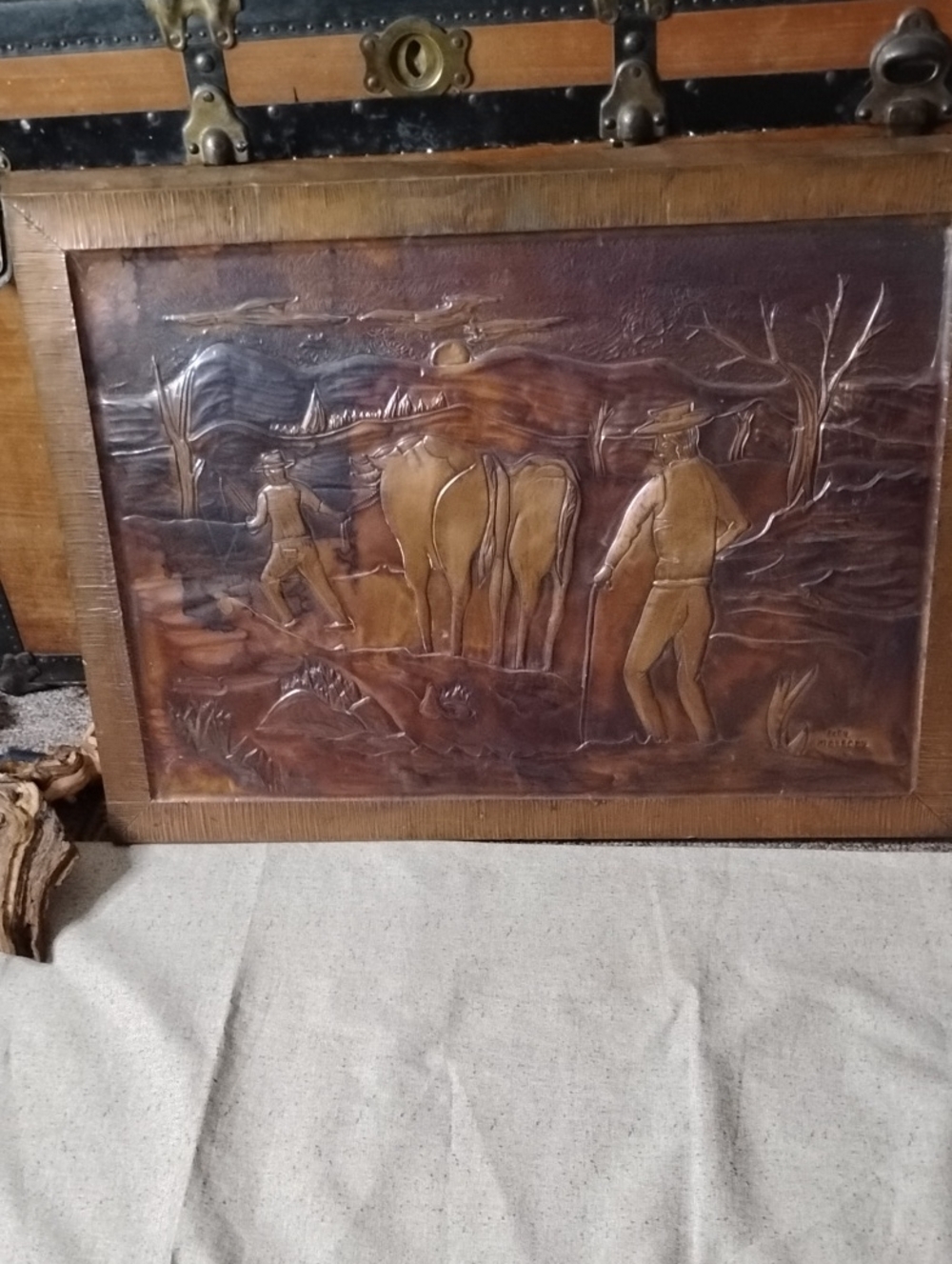 Embossed Metal Western Cowboy Plaque in Warm Copper Signed By Artist John?